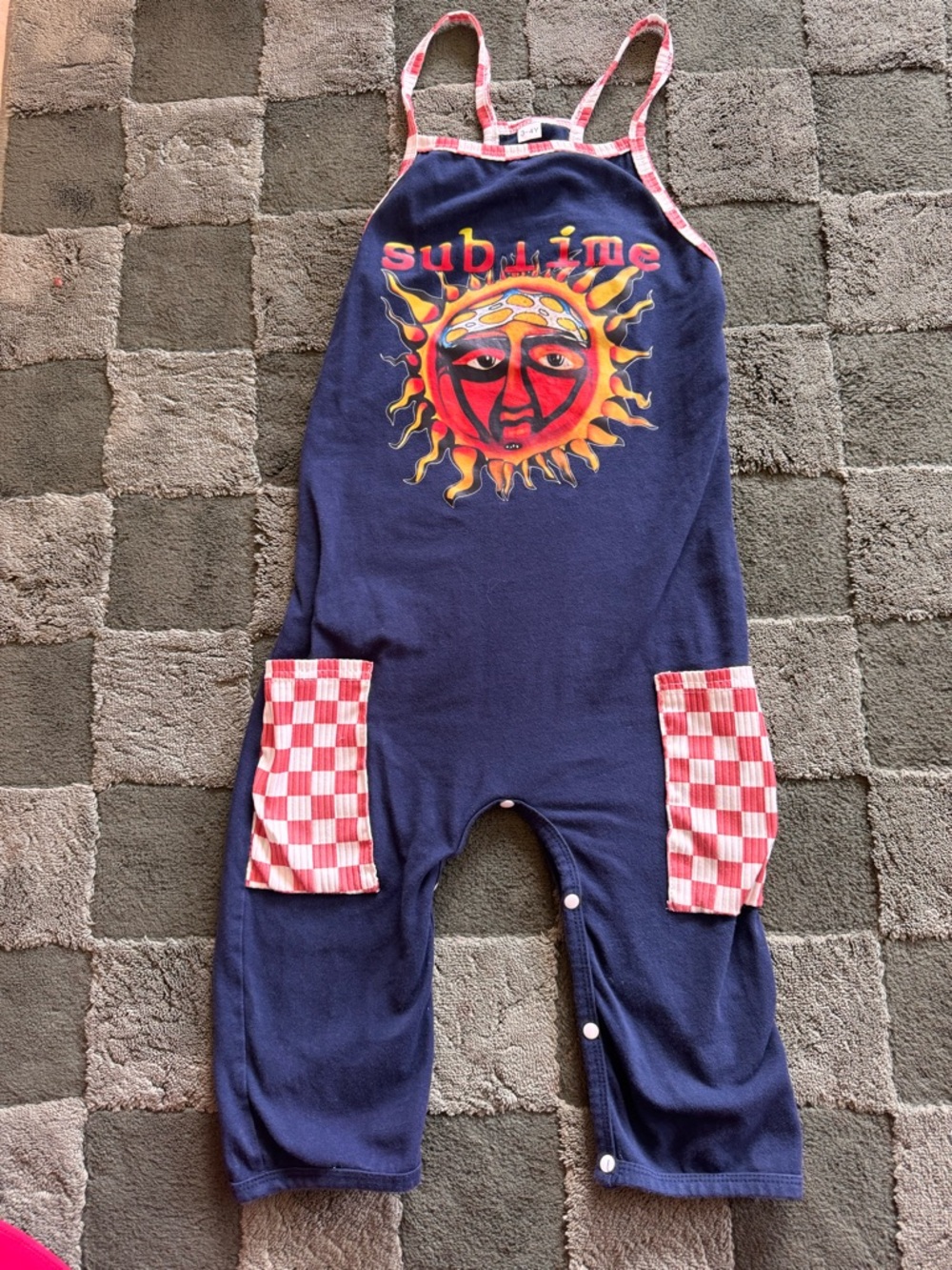 Sublime Sun Graphic Navy Romper with Red Check Pockets